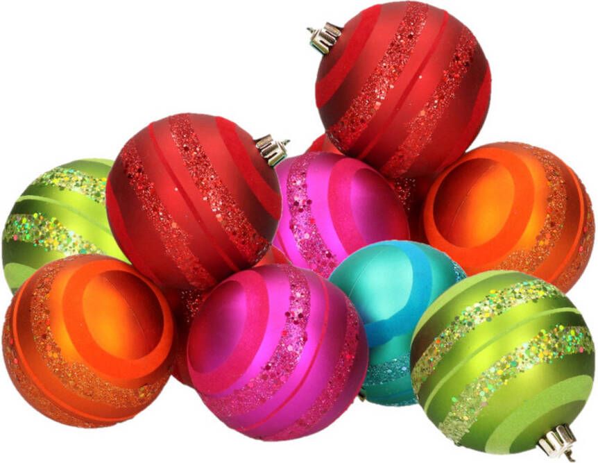 Merkloos 12x stuks kunststof kerstballen gekleurd met glitter rand 8 cm Kerstbal