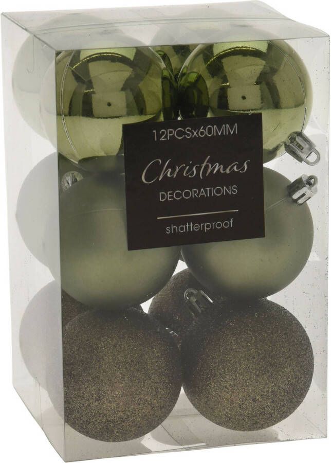 Merkloos 12x stuks kerstballen mix groen tinten kunststof 6 cm Kerstbal