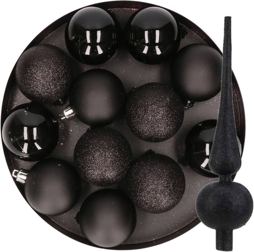 Merkloos 12x stuks kunststof kerstballen 6 cm inclusief glitter piek zwart Kerstbal