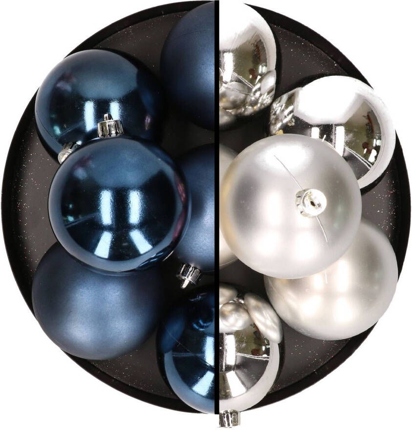 Merkloos 12x stuks kunststof kerstballen 8 cm mix van donkerblauw en zilver Kerstbal