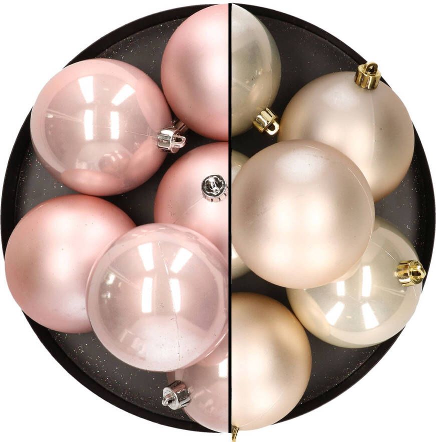 Merkloos 12x stuks kunststof kerstballen 8 cm mix van lichtroze en champagne Kerstbal