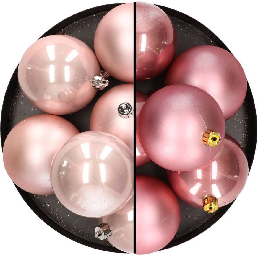 Merkloos 12x stuks kunststof kerstballen 8 cm mix van lichtroze en velvet roze Kerstbal