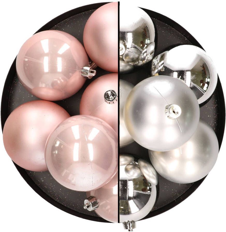 Merkloos 12x stuks kunststof kerstballen 8 cm mix van lichtroze en zilver Kerstbal
