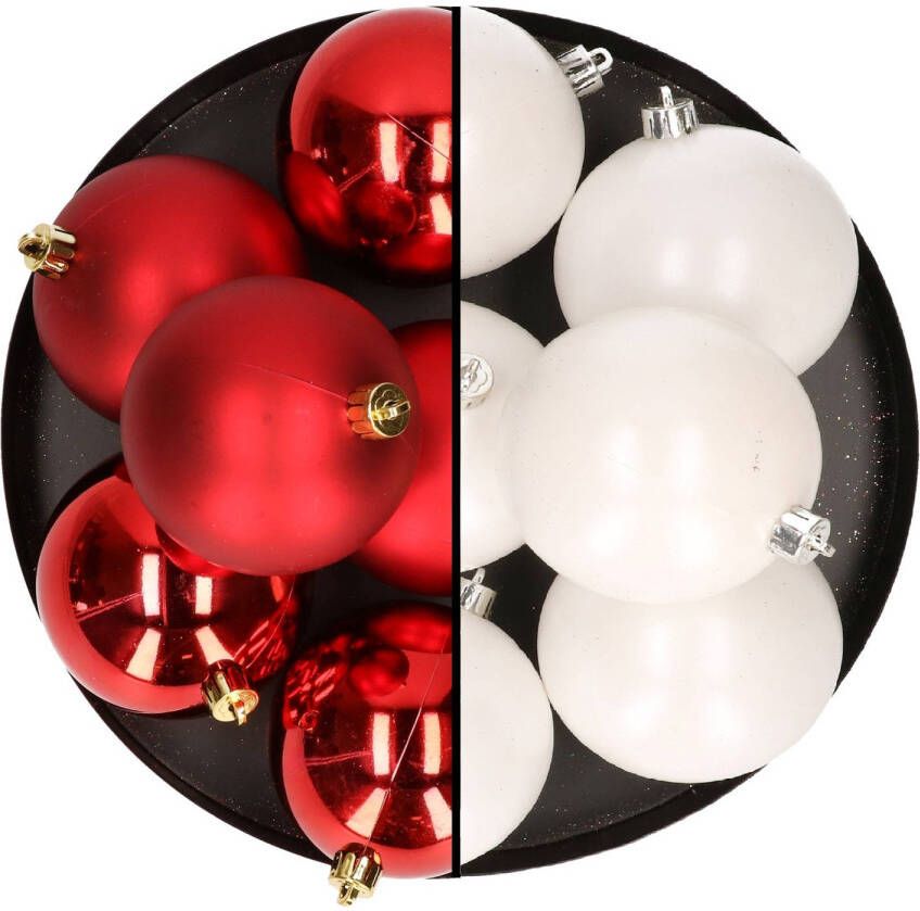 Merkloos 12x stuks kunststof kerstballen 8 cm mix van wit en rood Kerstbal