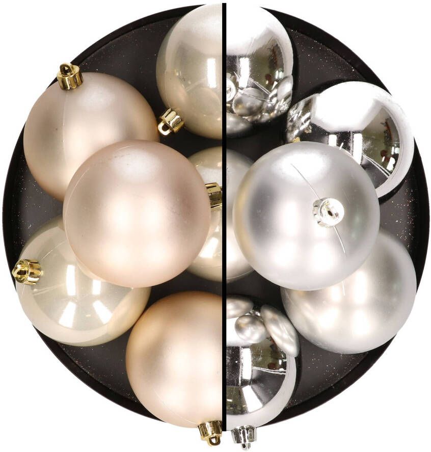 Merkloos 12x stuks kunststof kerstballen 8 cm mix van zilver en champagne Kerstbal