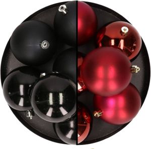 Merkloos 12x Stuks Kunststof Kerstballen 8 Cm Mix Van Zwart En Donkerrood Kerstbal