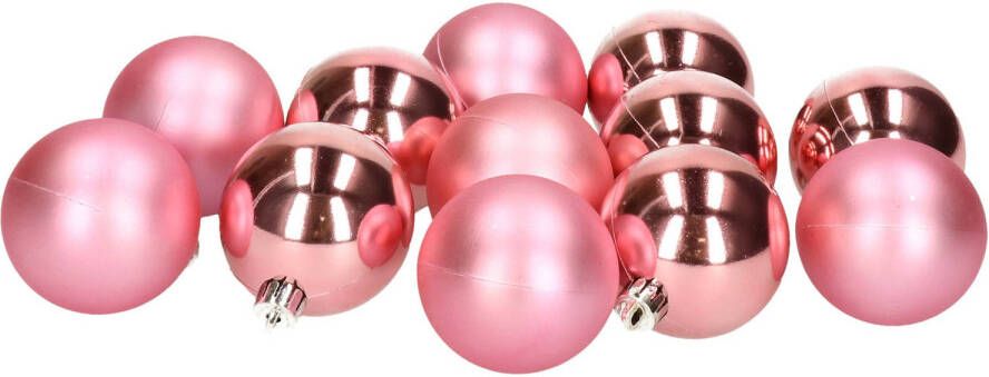 Merkloos 12x stuks kunststof kerstballen bubblegum roze 6 cm glans mat Kerstbal