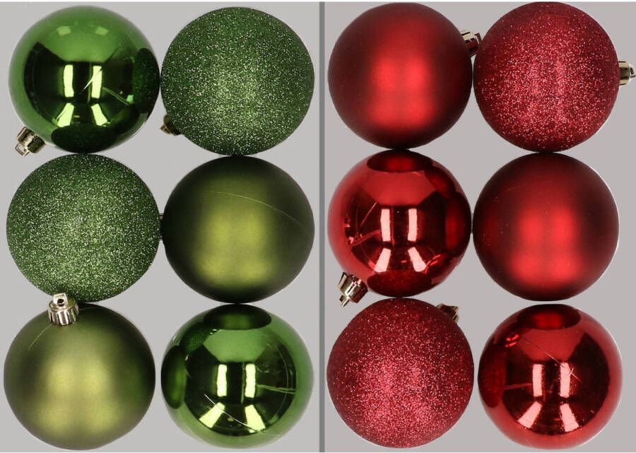 Merkloos 12x stuks kunststof kerstballen mix van appelgroen en donkerrood 8 cm Kerstbal