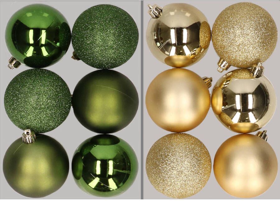Merkloos 12x stuks kunststof kerstballen mix van appelgroen en goud 8 cm Kerstbal