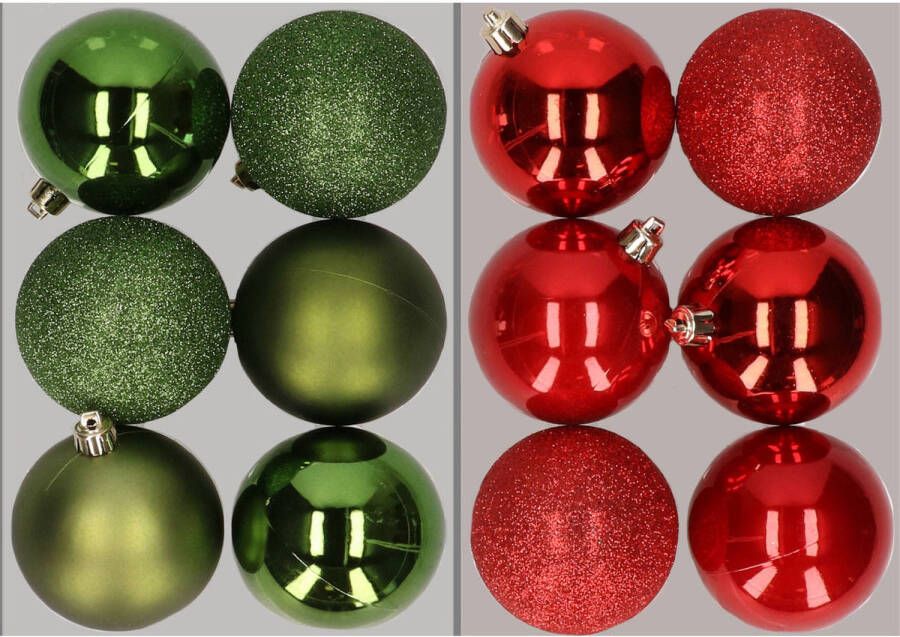 Merkloos 12x stuks kunststof kerstballen mix van appelgroen en rood 8 cm Kerstbal