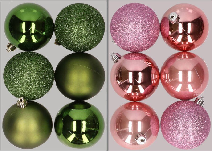 Merkloos 12x stuks kunststof kerstballen mix van appelgroen en roze 8 cm Kerstbal