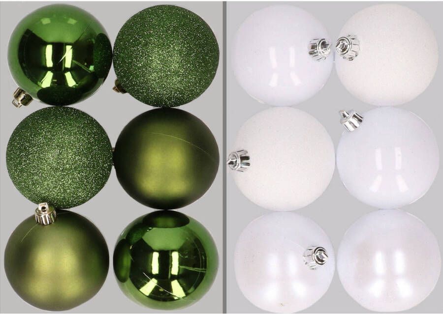 Merkloos 12x stuks kunststof kerstballen mix van appelgroen en wit 8 cm Kerstbal