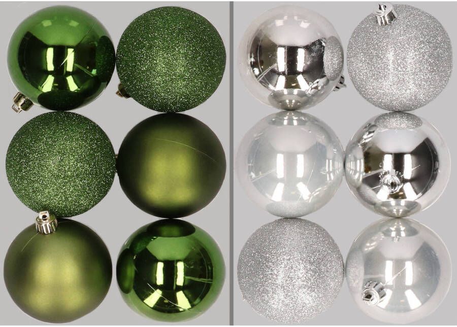 Merkloos 12x stuks kunststof kerstballen mix van appelgroen en zilver 8 cm Kerstbal