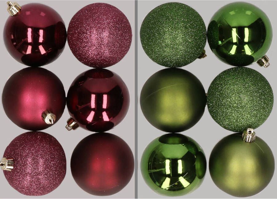 Merkloos 12x stuks kunststof kerstballen mix van aubergine en appelgroen 8 cm Kerstbal