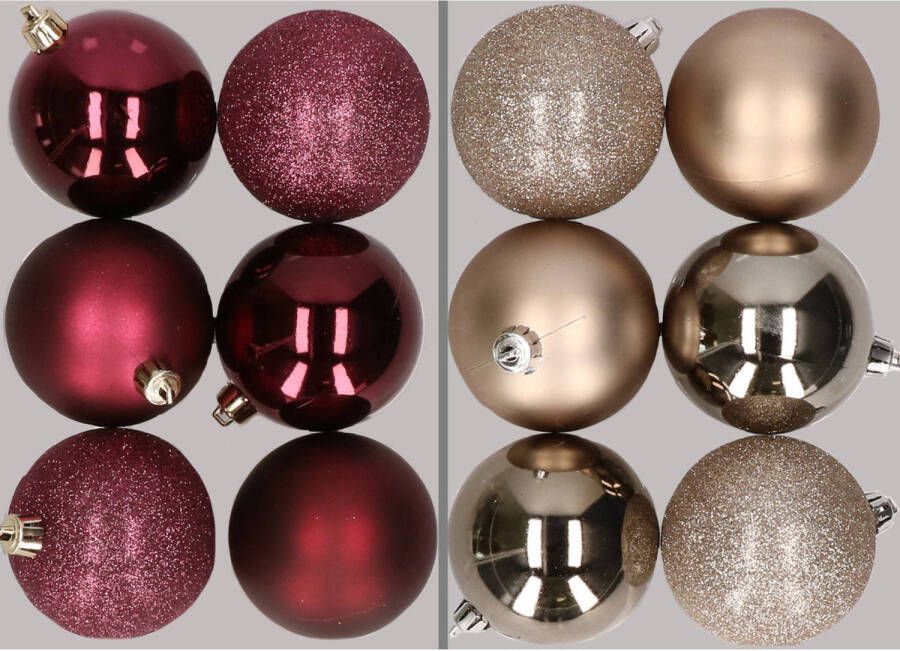 Merkloos 12x stuks kunststof kerstballen mix van aubergine en champagne 8 cm Kerstbal