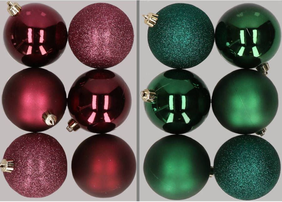 Merkloos 12x stuks kunststof kerstballen mix van aubergine en donkergroen 8 cm Kerstbal