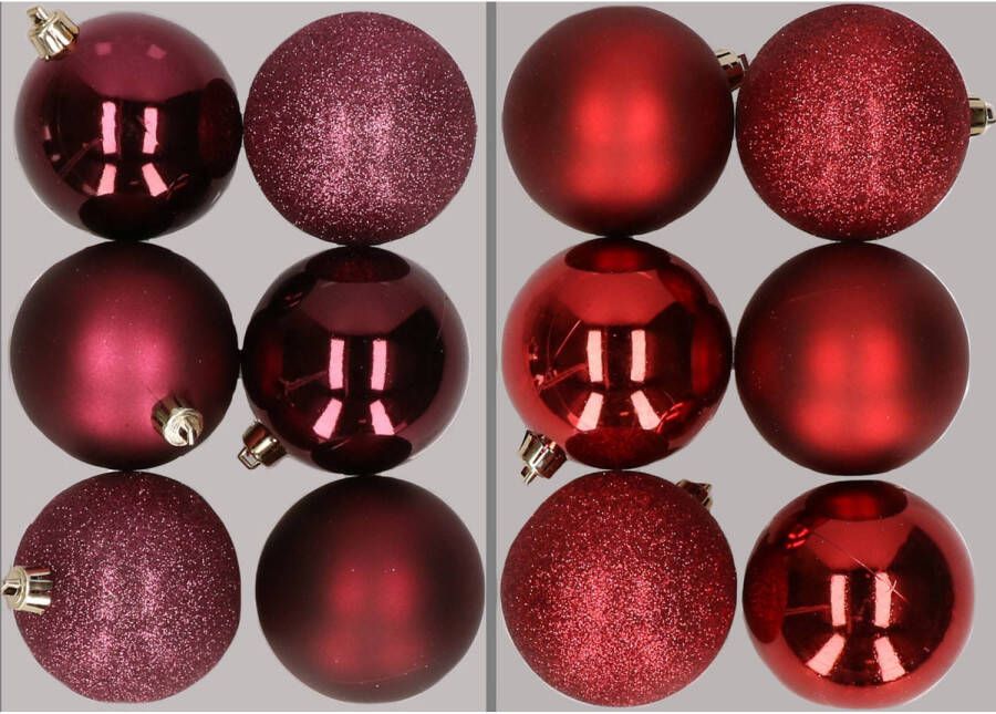 Merkloos 12x stuks kunststof kerstballen mix van aubergine en donkerrood 8 cm Kerstbal