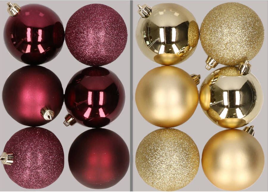 Merkloos 12x stuks kunststof kerstballen mix van aubergine en goud 8 cm Kerstbal