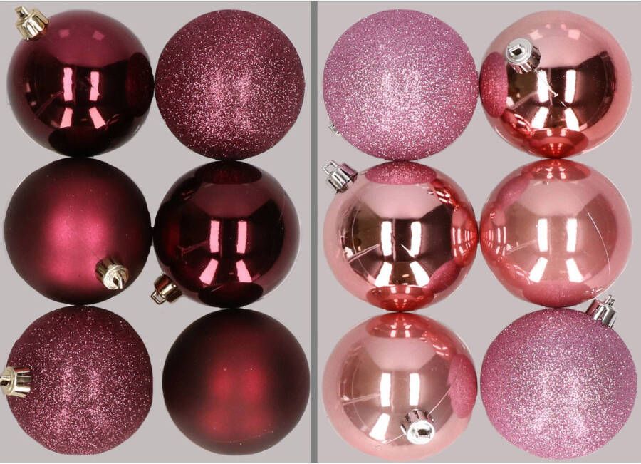Merkloos 12x stuks kunststof kerstballen mix van aubergine en roze 8 cm Kerstbal