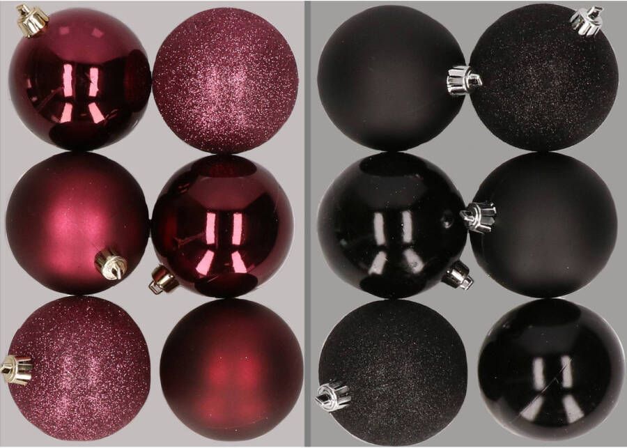 Merkloos 12x stuks kunststof kerstballen mix van aubergine en zwart 8 cm Kerstbal
