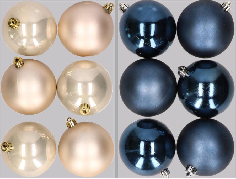Merkloos 12x stuks kunststof kerstballen mix van champagne en donkerblauw 8 cm Kerstbal