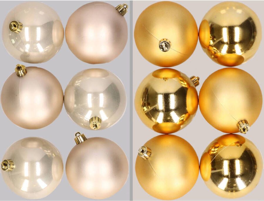 Merkloos 12x stuks kunststof kerstballen mix van champagne en goud 8 cm Kerstbal