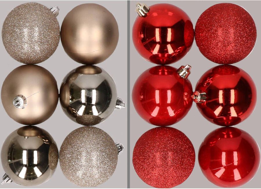Merkloos 12x stuks kunststof kerstballen mix van champagne en rood 8 cm Kerstbal