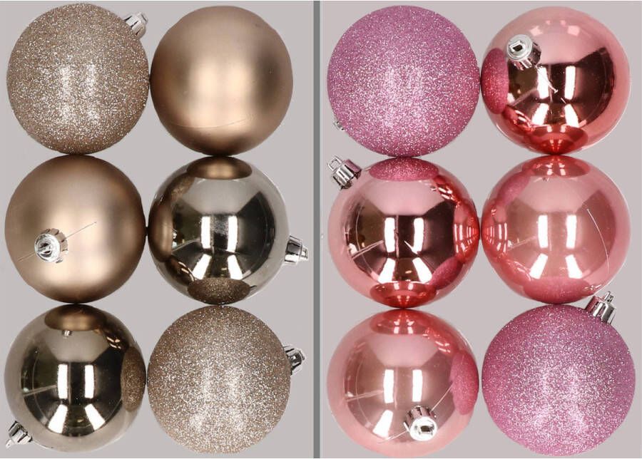 Merkloos 12x stuks kunststof kerstballen mix van champagne en roze 8 cm Kerstbal