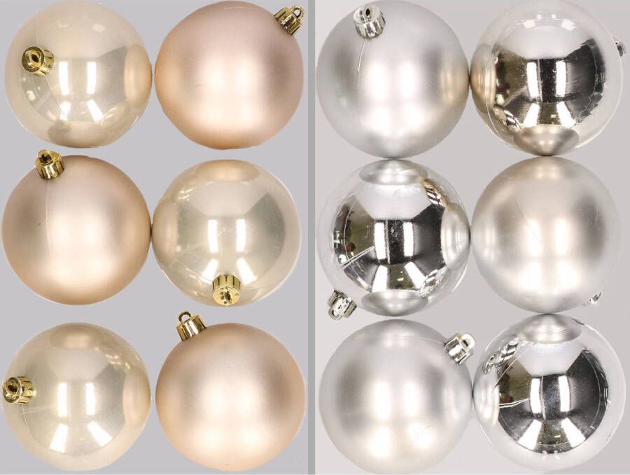 Merkloos 12x stuks kunststof kerstballen mix van champagne en zilver 8 cm Kerstbal