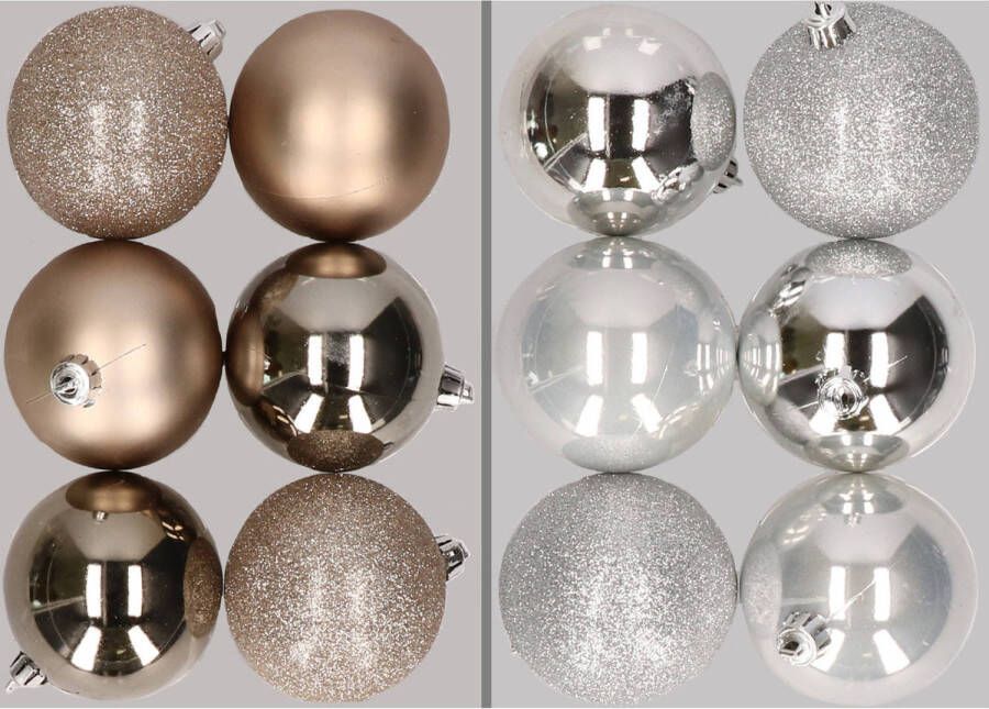 Merkloos 12x stuks kunststof kerstballen mix van champagne en zilver 8 cm Kerstbal