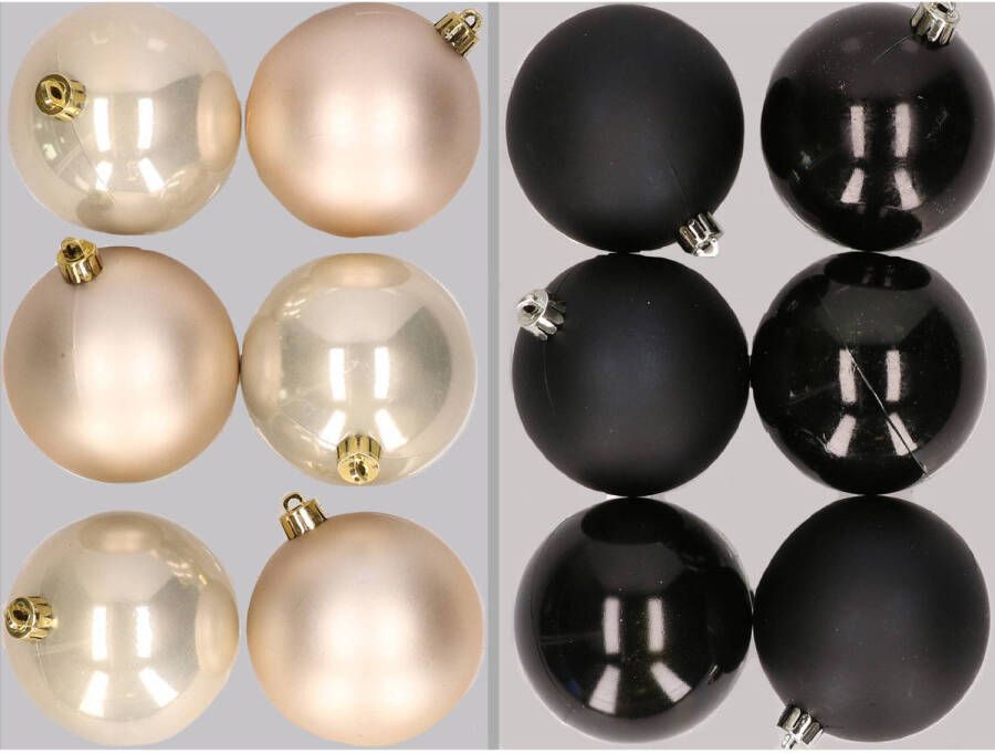Merkloos 12x stuks kunststof kerstballen mix van champagne en zwart 8 cm Kerstbal