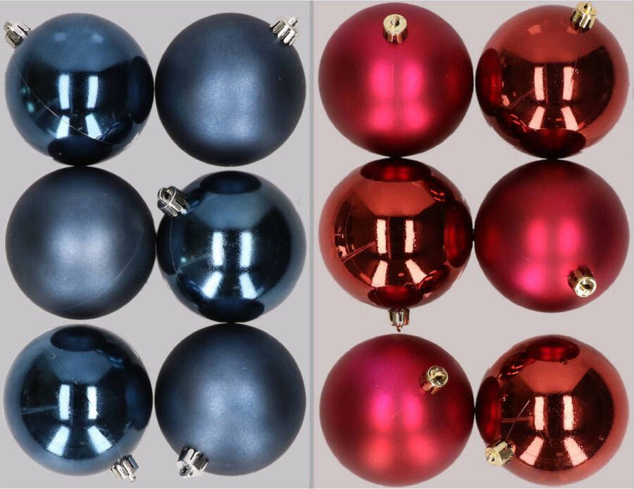 Merkloos 12x stuks kunststof kerstballen mix van donkerblauw en donkerrood 8 cm Kerstbal