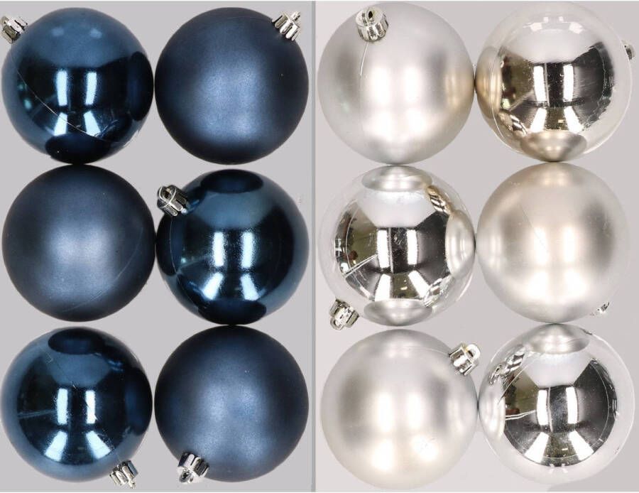 Merkloos 12x stuks kunststof kerstballen mix van donkerblauw en zilver 8 cm Kerstbal