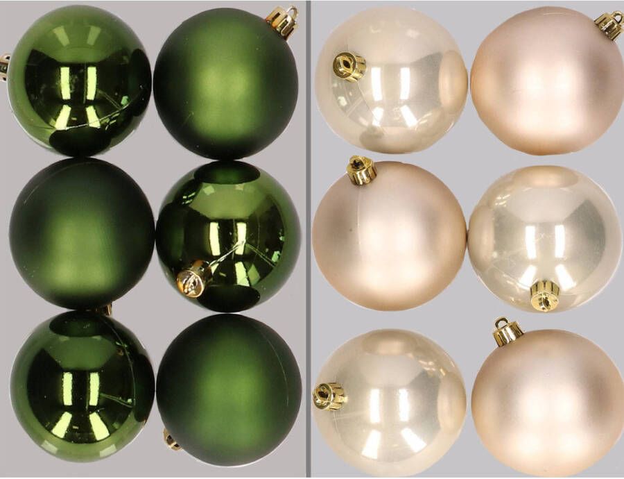 Merkloos 12x stuks kunststof kerstballen mix van donkergroen en champagne 8 cm Kerstbal