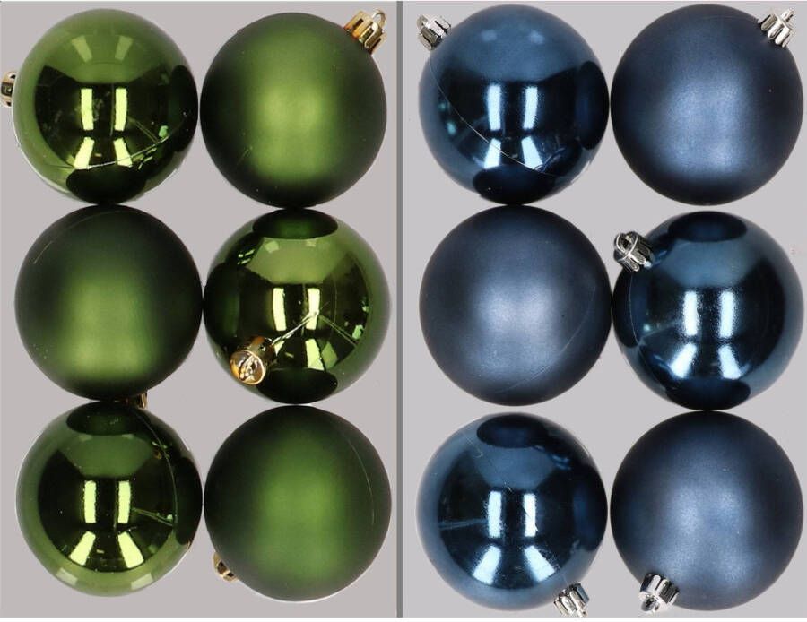Merkloos 12x stuks kunststof kerstballen mix van donkergroen en donkerblauw 8 cm Kerstbal