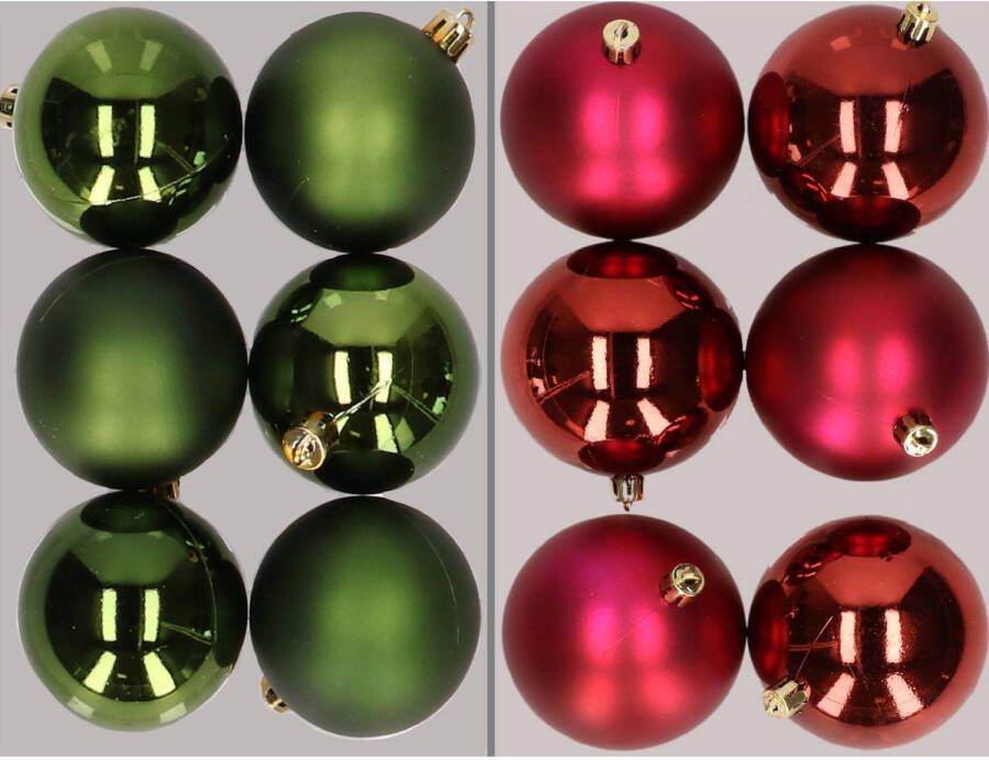Merkloos 12x stuks kunststof kerstballen mix van donkergroen en donkerrood 8 cm Kerstbal