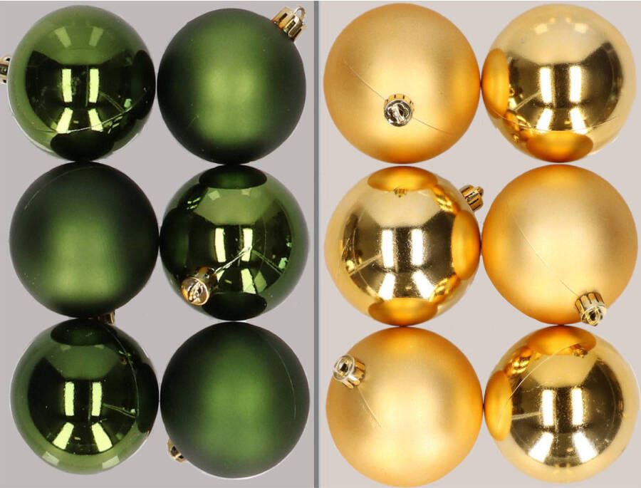 Merkloos 12x stuks kunststof kerstballen mix van donkergroen en goud 8 cm Kerstbal