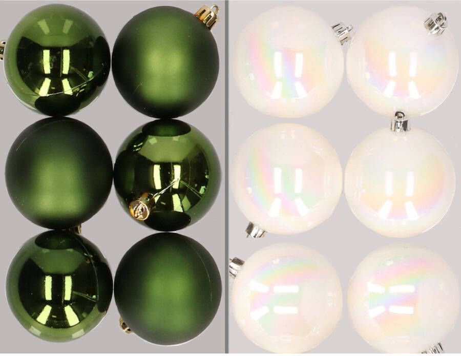 Merkloos 12x stuks kunststof kerstballen mix van donkergroen en parelmoer wit 8 cm Kerstbal