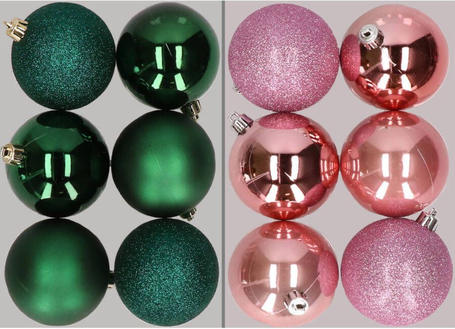 Merkloos 12x stuks kunststof kerstballen mix van donkergroen en roze 8 cm Kerstbal