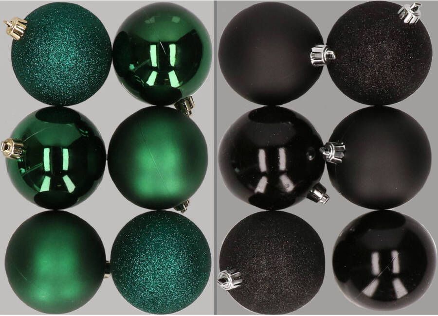 Merkloos 12x stuks kunststof kerstballen mix van donkergroen en zwart 8 cm Kerstbal