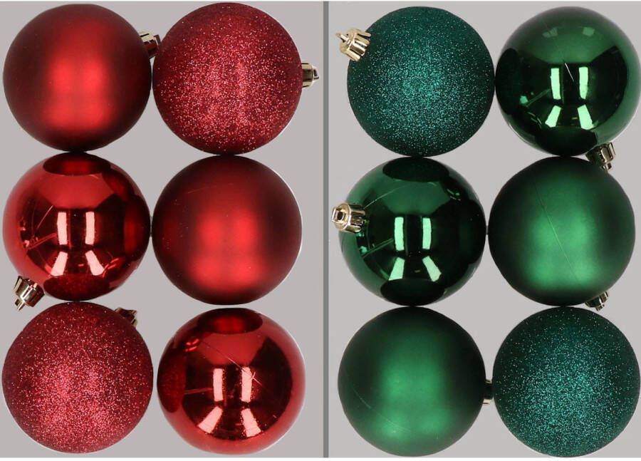 Merkloos 12x stuks kunststof kerstballen mix van donkerrood en donkergroen 8 cm Kerstbal
