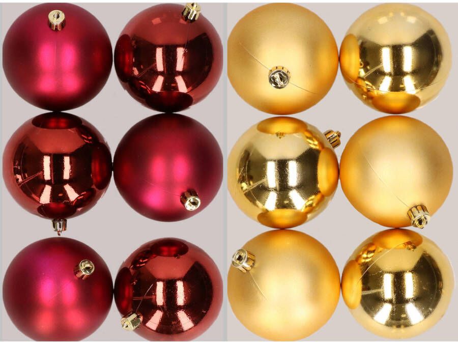 Merkloos 12x stuks kunststof kerstballen mix van donkerrood en goud 8 cm Kerstbal