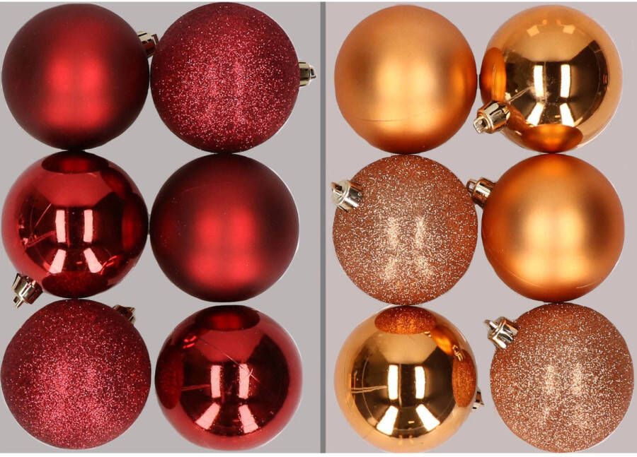 Merkloos 12x stuks kunststof kerstballen mix van donkerrood en koper 8 cm Kerstbal