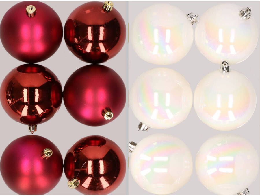 Merkloos 12x stuks kunststof kerstballen mix van donkerrood en parelmoer wit 8 cm Kerstbal