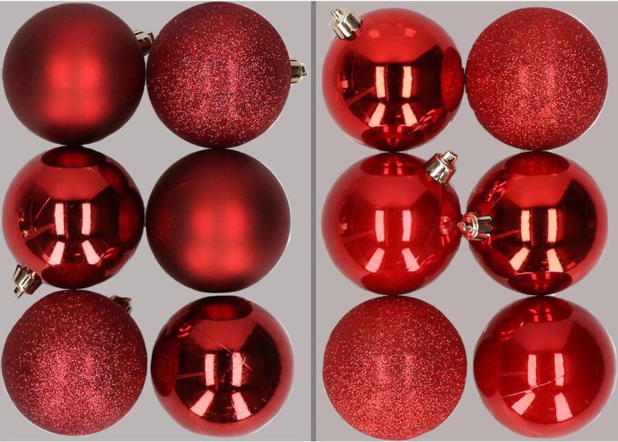 Merkloos 12x stuks kunststof kerstballen mix van donkerrood en rood 8 cm Kerstbal