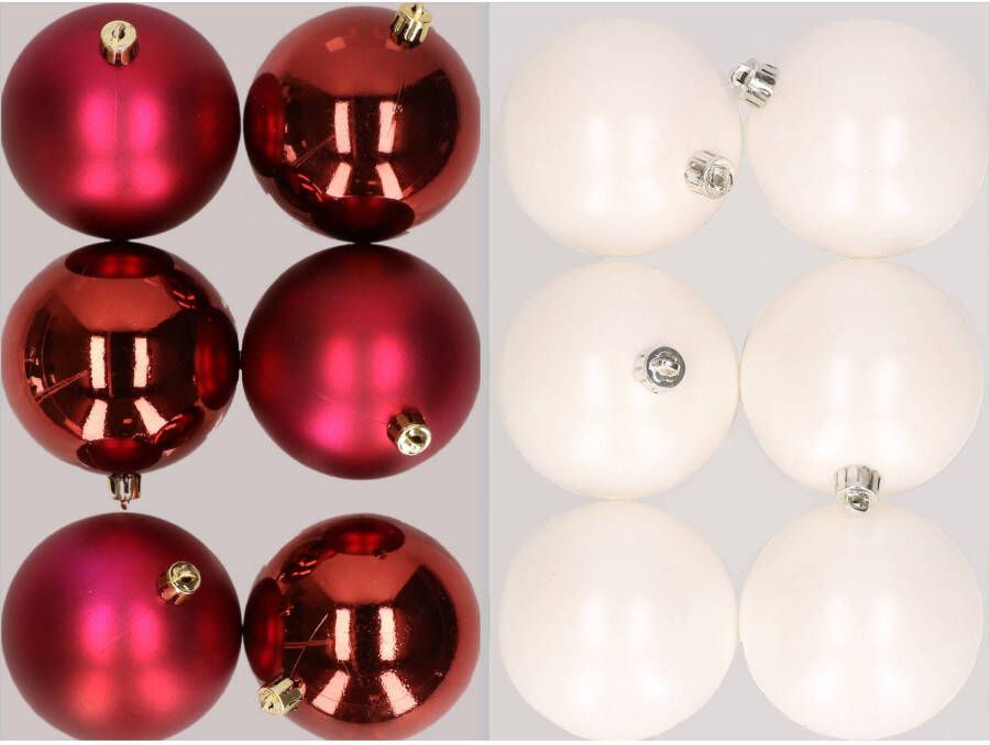 Merkloos 12x stuks kunststof kerstballen mix van donkerrood en winter wit 8 cm Kerstbal