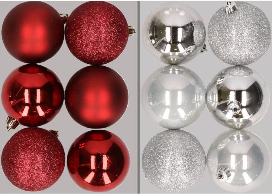 Merkloos 12x stuks kunststof kerstballen mix van donkerrood en zilver 8 cm Kerstbal