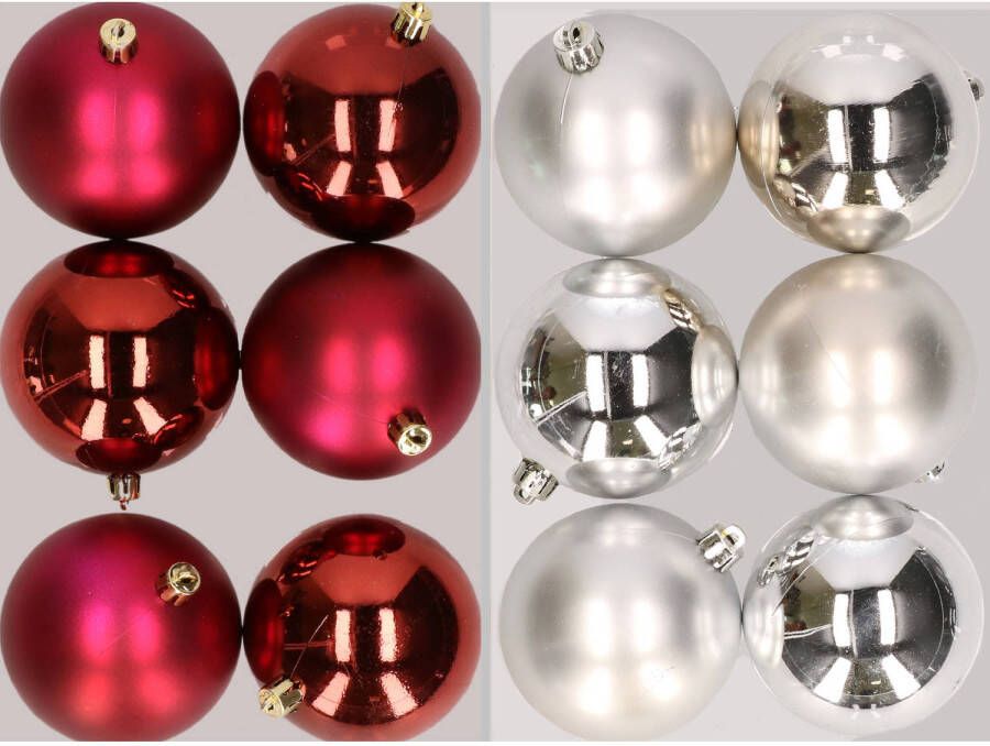 Merkloos 12x stuks kunststof kerstballen mix van donkerrood en zilver 8 cm Kerstbal