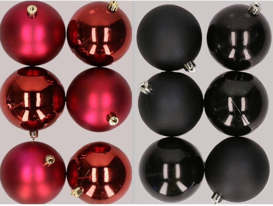 Merkloos 12x stuks kunststof kerstballen mix van donkerrood en zwart 8 cm Kerstbal