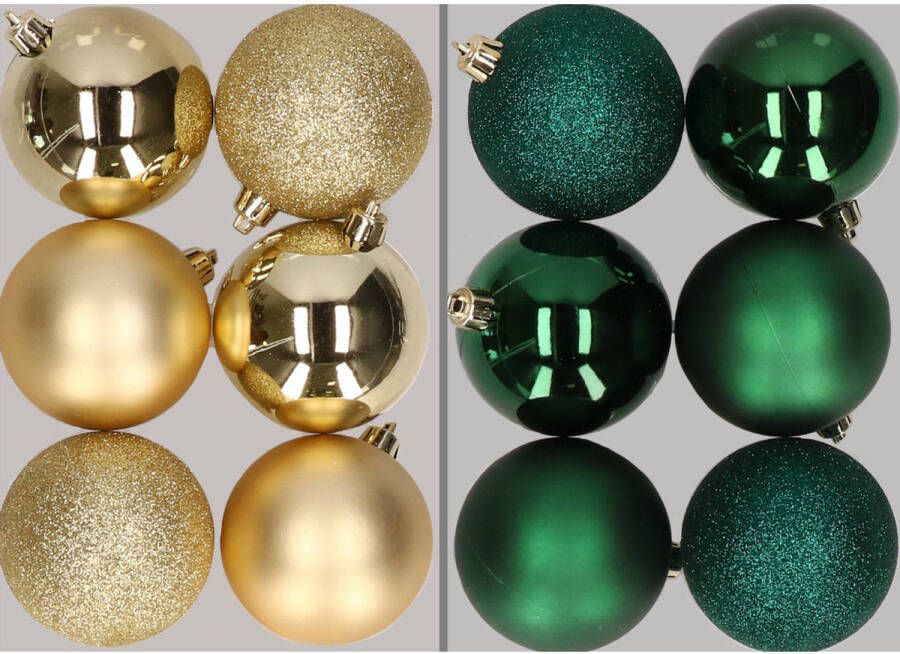 Merkloos 12x stuks kunststof kerstballen mix van goud en donkergroen 8 cm Kerstbal